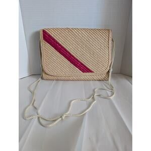 Vintage 80s Lesco Woven Straw Clutch Purse Crossbody Bag Hong Kong Pink Stripe